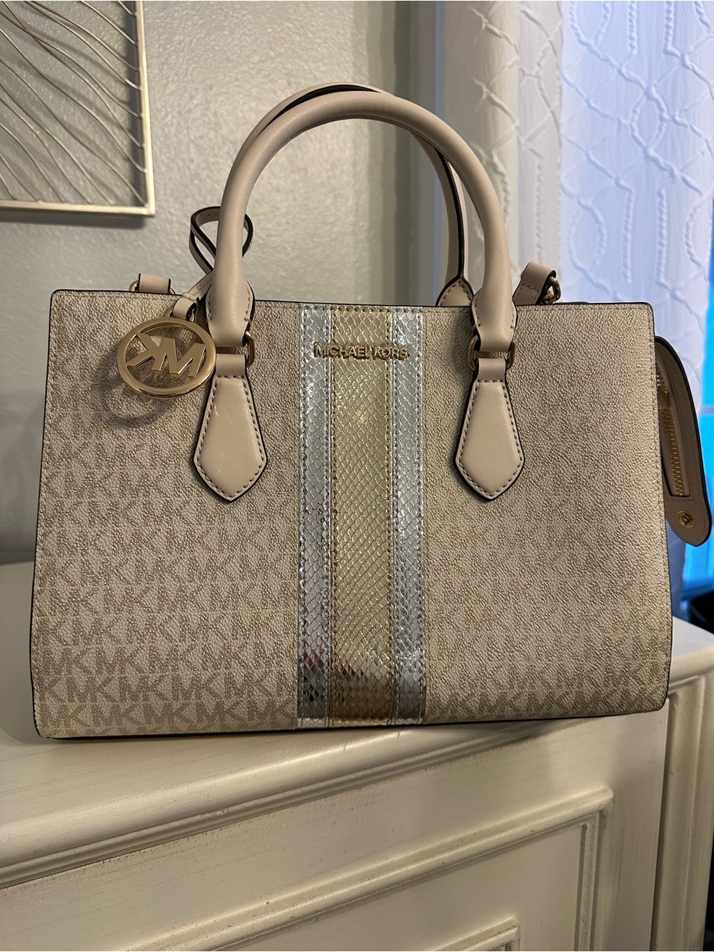 Michael Kors Signature Stripe Satchel — Cream/Gold/Silver